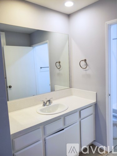 A bathroom with a sink and mirror.