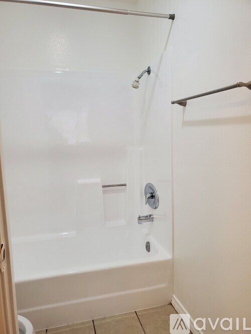 A white bathroom with a shower and a toilet.