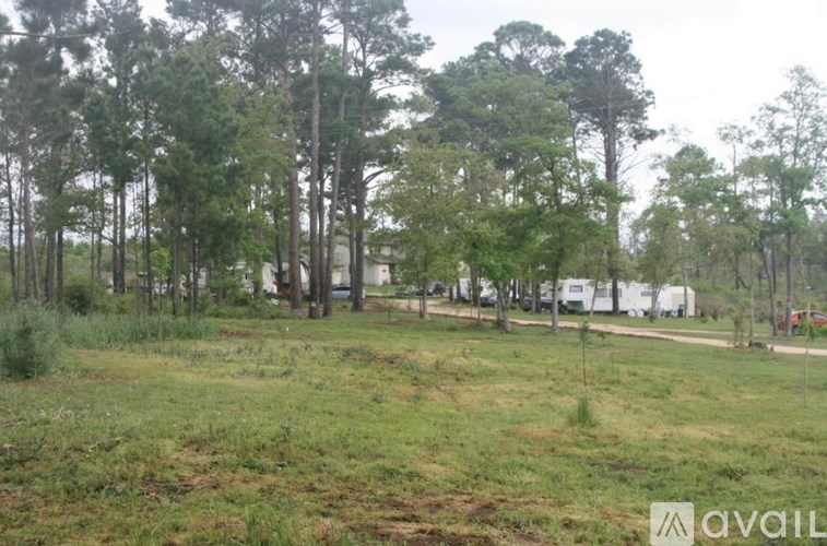 A grassy field with trees and a few buildings in the distance.