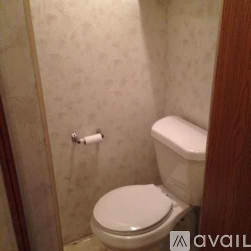 A white toilet in a small bathroom with a wooden door.