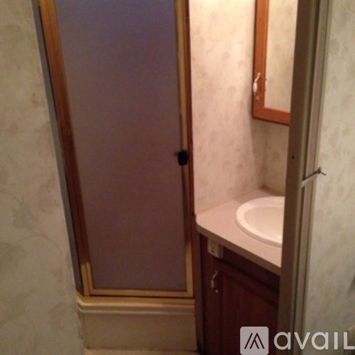 A bathroom with a white sink and a brown door.
