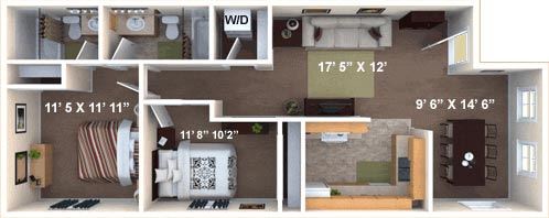 2 bedroom apartment floor plan at The Sinclair. 2X2 Floor Plan