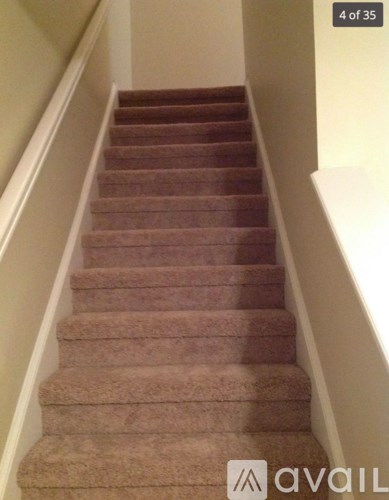 A brown carpeted staircase with white walls.