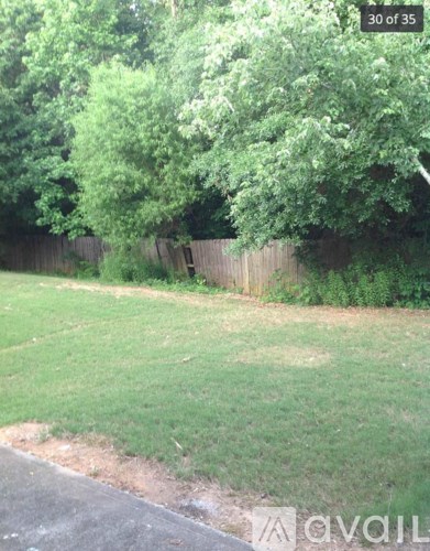 A grassy area with a fence and trees in the background.