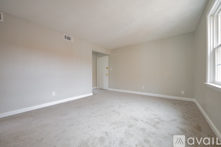 A room with a carpeted floor and a door in the background.