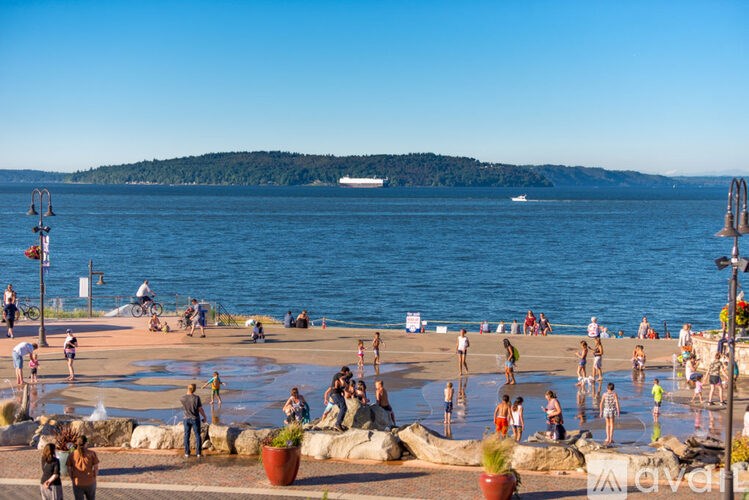 A group of people are enjoying a sunny day at a waterfront park.