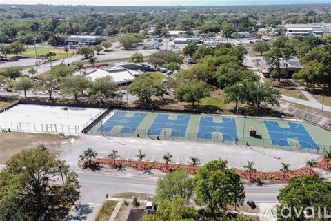 A basketball court is surrounded by trees and buildings.
