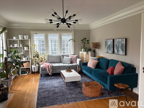 A living room with a grey couch and a blue rug.