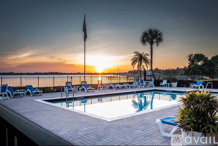 A pool area with lounge chairs and a palm tree is illuminated by the setting sun.