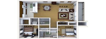 2 Bedroom, 2 Bathroom Floor Plan at Hidden Oaks Apartments, California, 95621