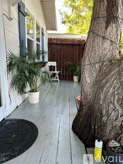 A tree trunk is next to a white chair and a white table.