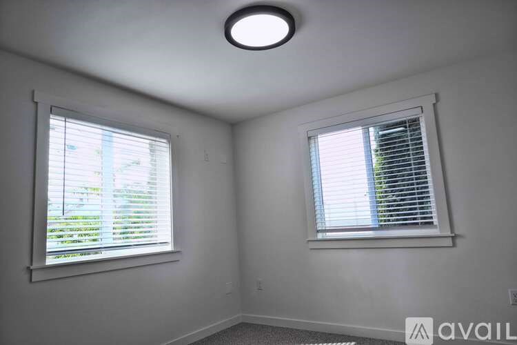 A room with two windows and a ceiling light.