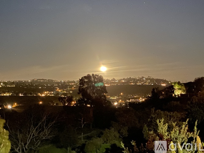 A nighttime cityscape with a bright moon and lights from buildings.