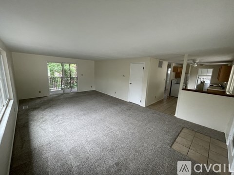 A spacious living room with a grey carpet and white walls.
