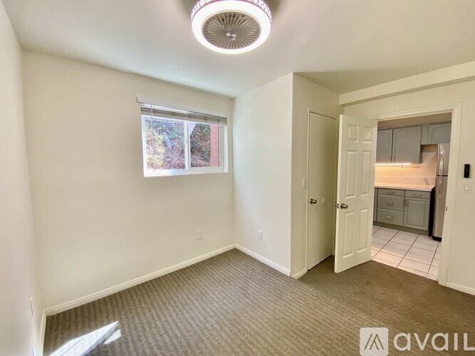 A room with a carpeted floor and a window with a view of trees outside.