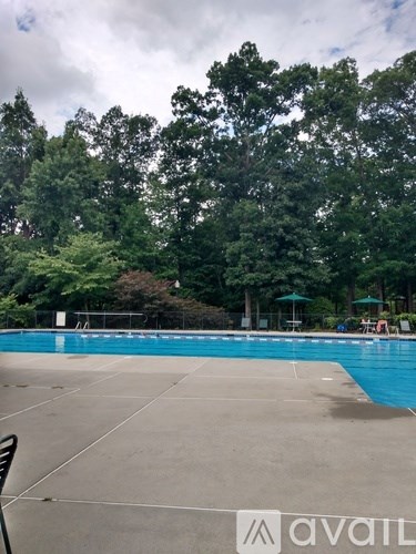 A pool surrounded by trees and a cloudy sky.