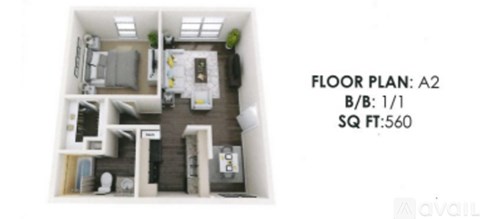 A floor plan for a 1/1 bedroom apartment is shown.