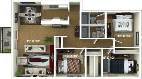 3 Bedroom, 2 Bathroom Floor Plan at The Renaissance Apartments, Citrus Heights California