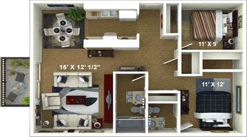 2 Bedroom, 1.5 Bathroom Floor Plan at The Renaissance Apartments, California