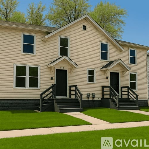 A two-story house with a front porch and a black front door.