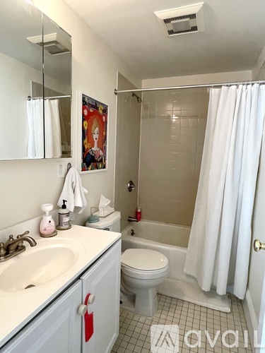 A bathroom with a white sink, toilet, and shower curtain.
