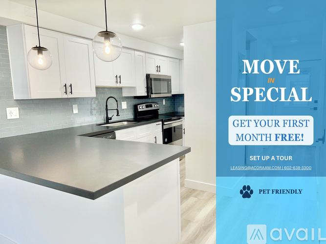 A kitchen with a countertop and cabinets is advertised for rent.
