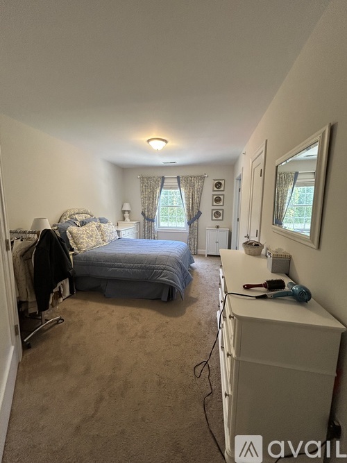 A bedroom with a bed, dresser, and mirror.