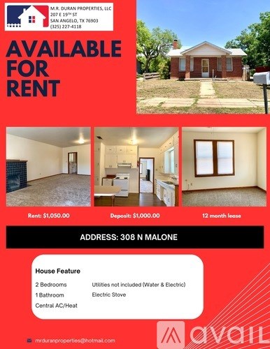 A red and white advertisement for a property rental in San Angelo, TX.