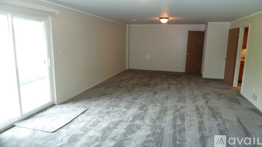 A room with a light brown carpet and a wooden door.