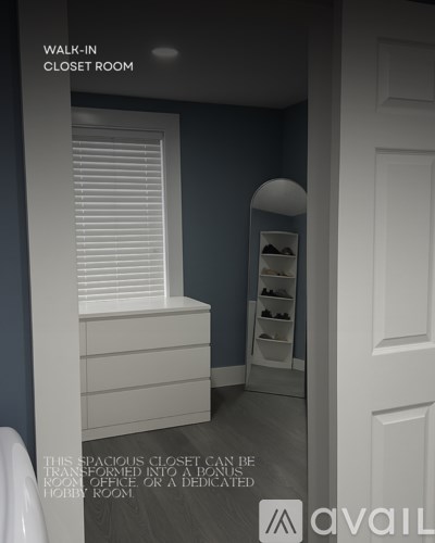 A walk-in closet room with a white dresser and shelves for shoes.