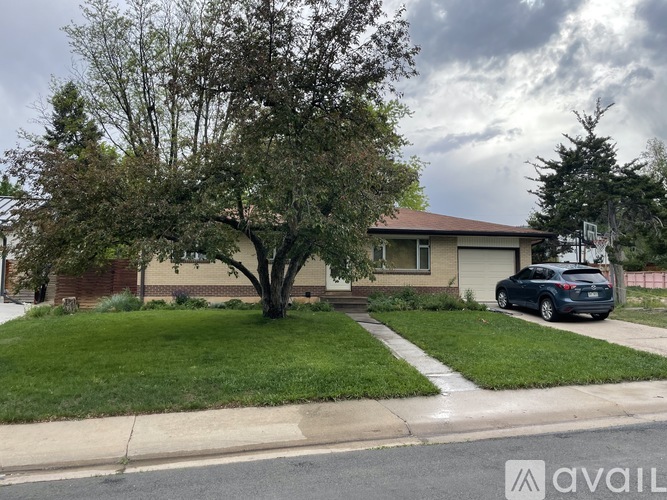 A house with a tree in front and a car parked in the driveway.