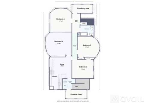 A floor plan of an apartment complex with various rooms labeled.