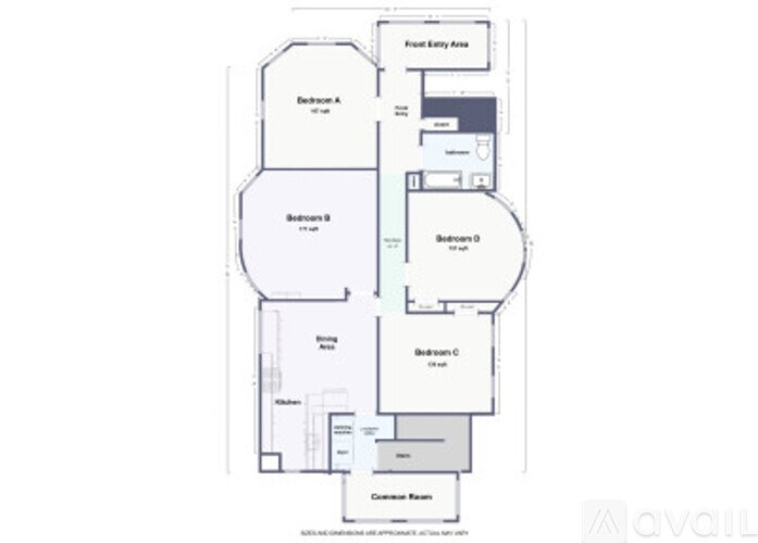 A floor plan of an apartment complex with various rooms labeled.