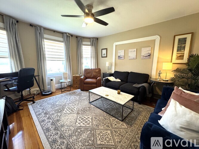 A living room with a rug, a sofa, a chair, a coffee table, and a ceiling fan.