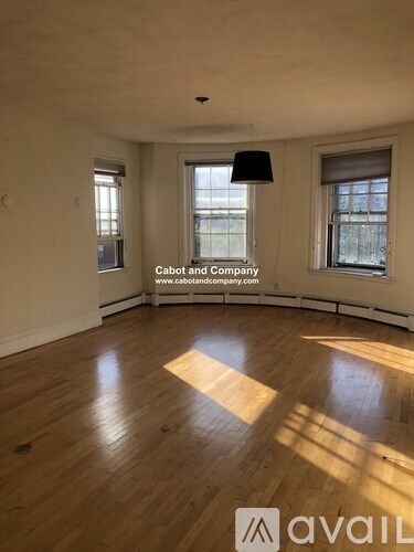 A room with wooden flooring and two windows.