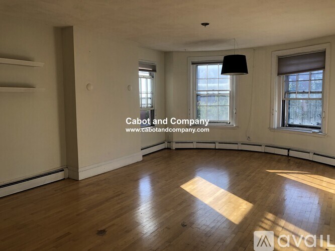 A room with wooden flooring and two windows.