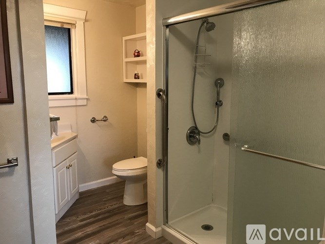 A bathroom with a toilet, a shower, and a window.