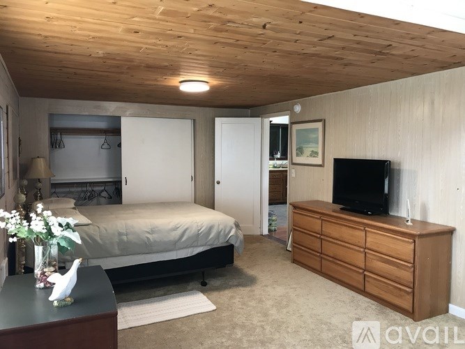 A bedroom with a bed, dresser, and television.