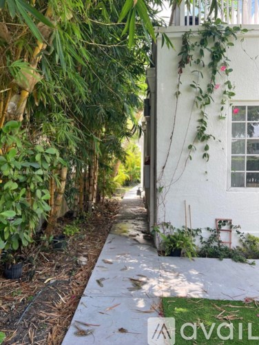 A white house with a tree growing on the side of it.