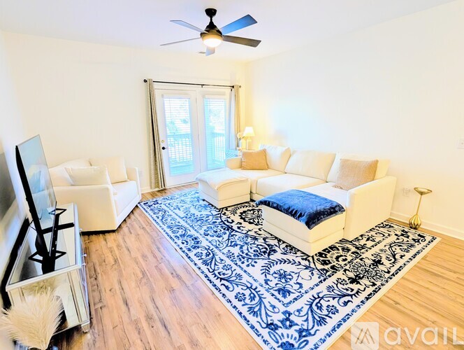 A living room with a white couch and a blue rug.