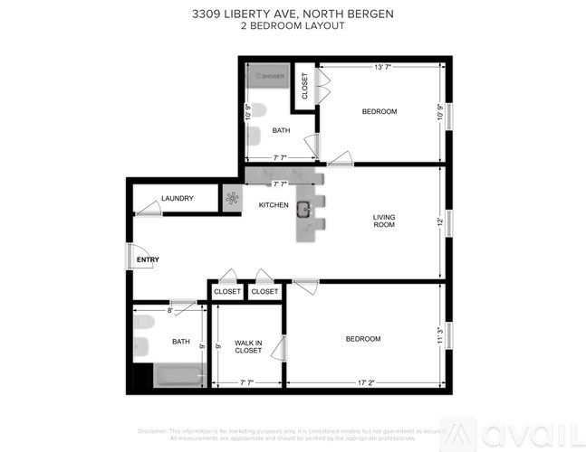 A floor plan for a 2 bedroom apartment at 3309 Liberty Ave, North Bergen.