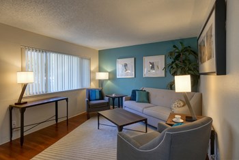Living Room with Window Living Room with Window, Hardwood Inspired Floor, Gray Sofa, Rug and Table - Photo Gallery 5