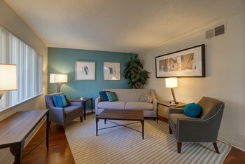 Living Room Living Room with Window, Hardwood Inspired Floor, Gray Sofa, Rug and Table - Photo Gallery 4