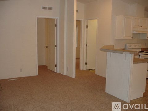 A kitchen area with a counter and cabinets.