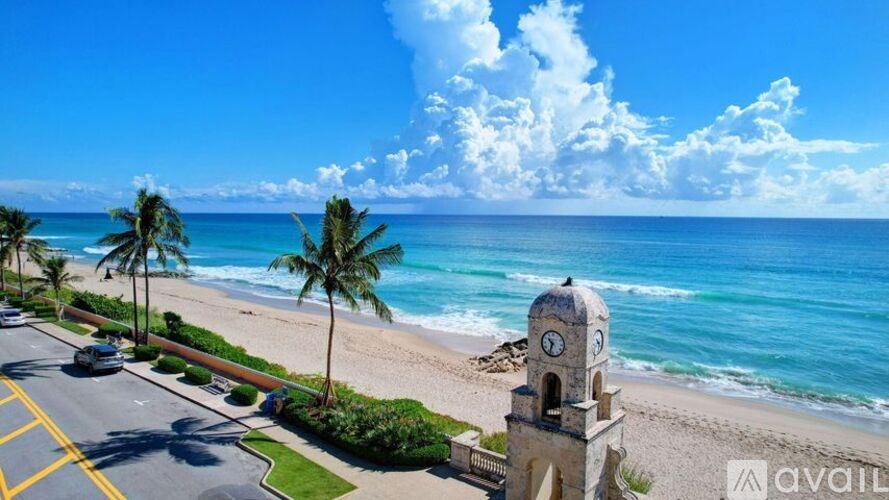 A beachfront road with a clock tower and palm trees.