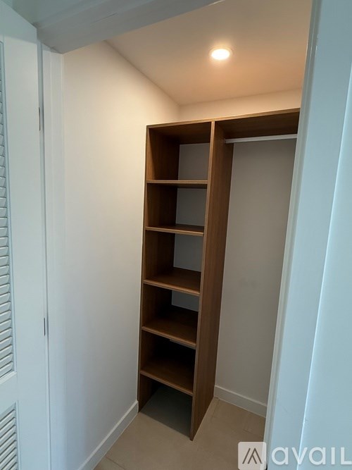 A white closet with a wooden shelving unit.