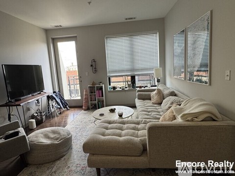 A living room with a couch, ottoman, and television.