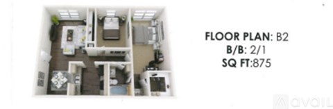 A floor plan for a 2/1 bedroom apartment measuring 875 square feet.