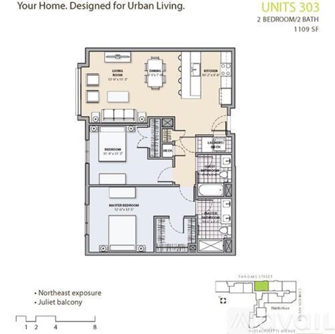 A floor plan for a 2 bedroom/2 bath apartment located at 1109 SF on 7th Ave.
