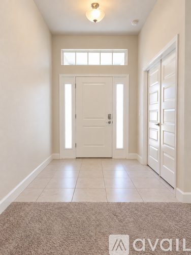 A hallway with a white door and a carpet on the floor.
